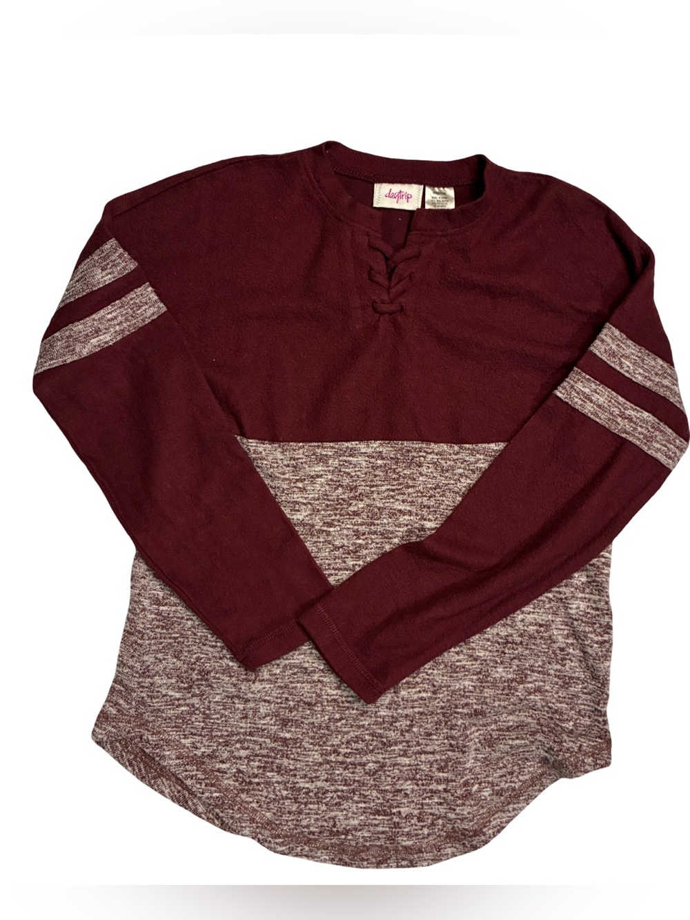 Day trip  Girls maroon and grey color block lace up top girl m (NWOT)